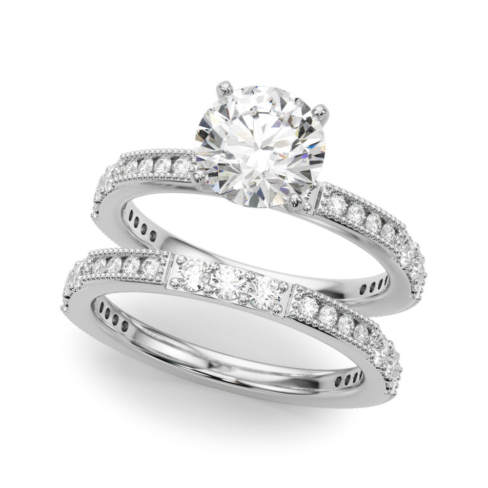 Platinum Heart Solitaire with Pavé Band and Four-Prong Setting