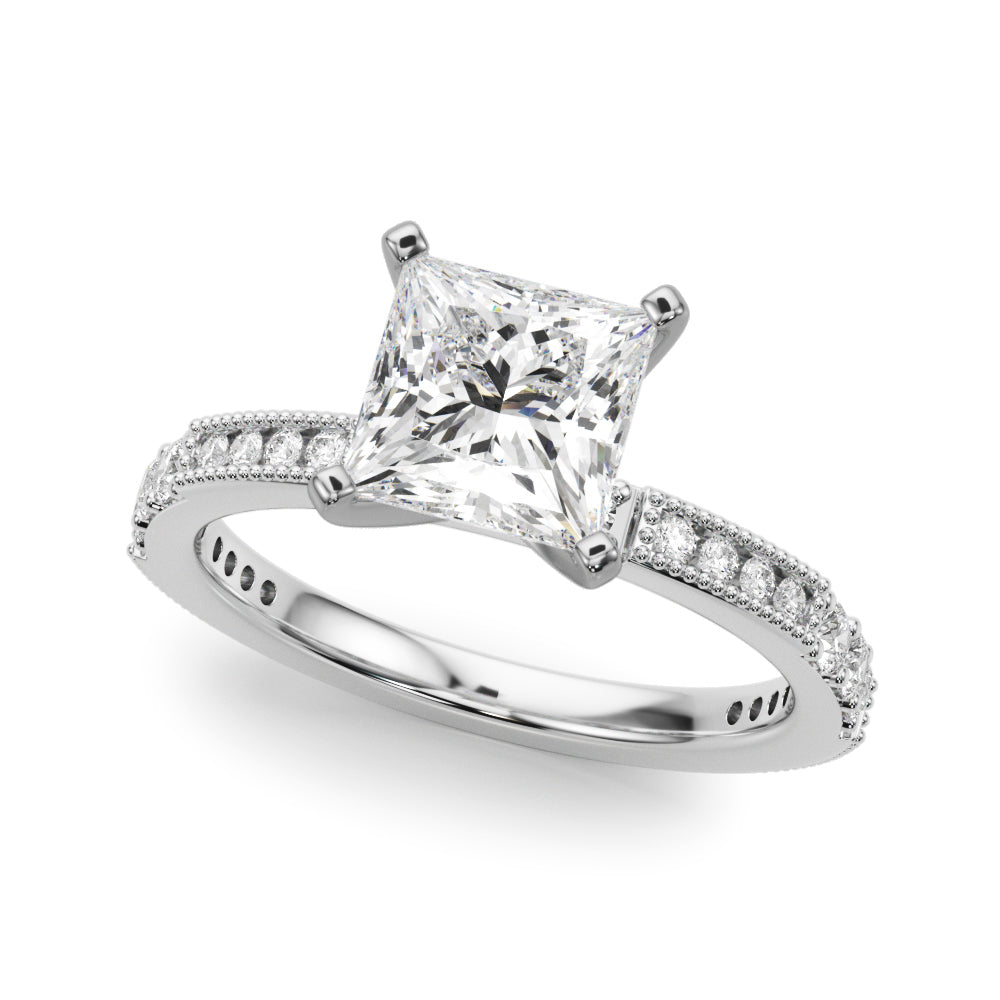 Silver Princess Solitaire with Pavé Band and Four-Prong Setting