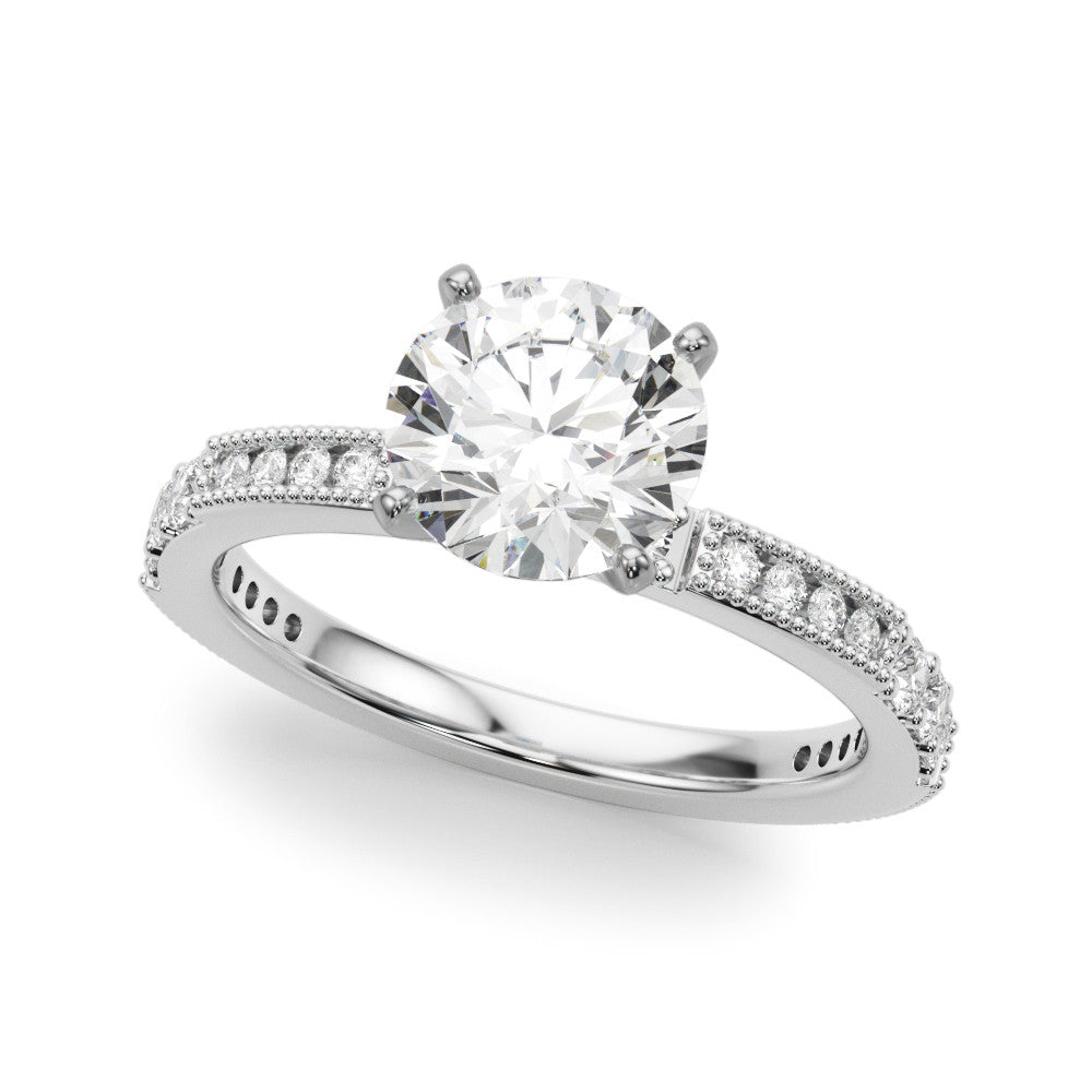 Silver Round Solitaire with Pavé Band and Four-Prong Setting