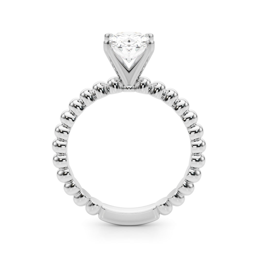 White gold Oval Solitaire Beaded Band Prong Setting Ring