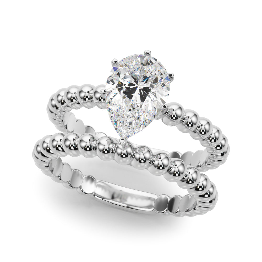 Silver Pear Solitaire Beaded Band Prong Setting Ring