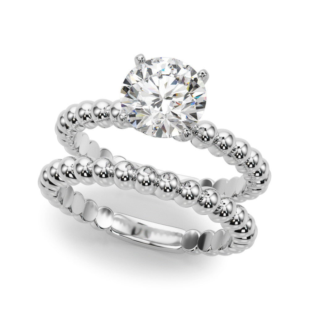 Silver Round Solitaire Beaded Band Prong Setting Ring