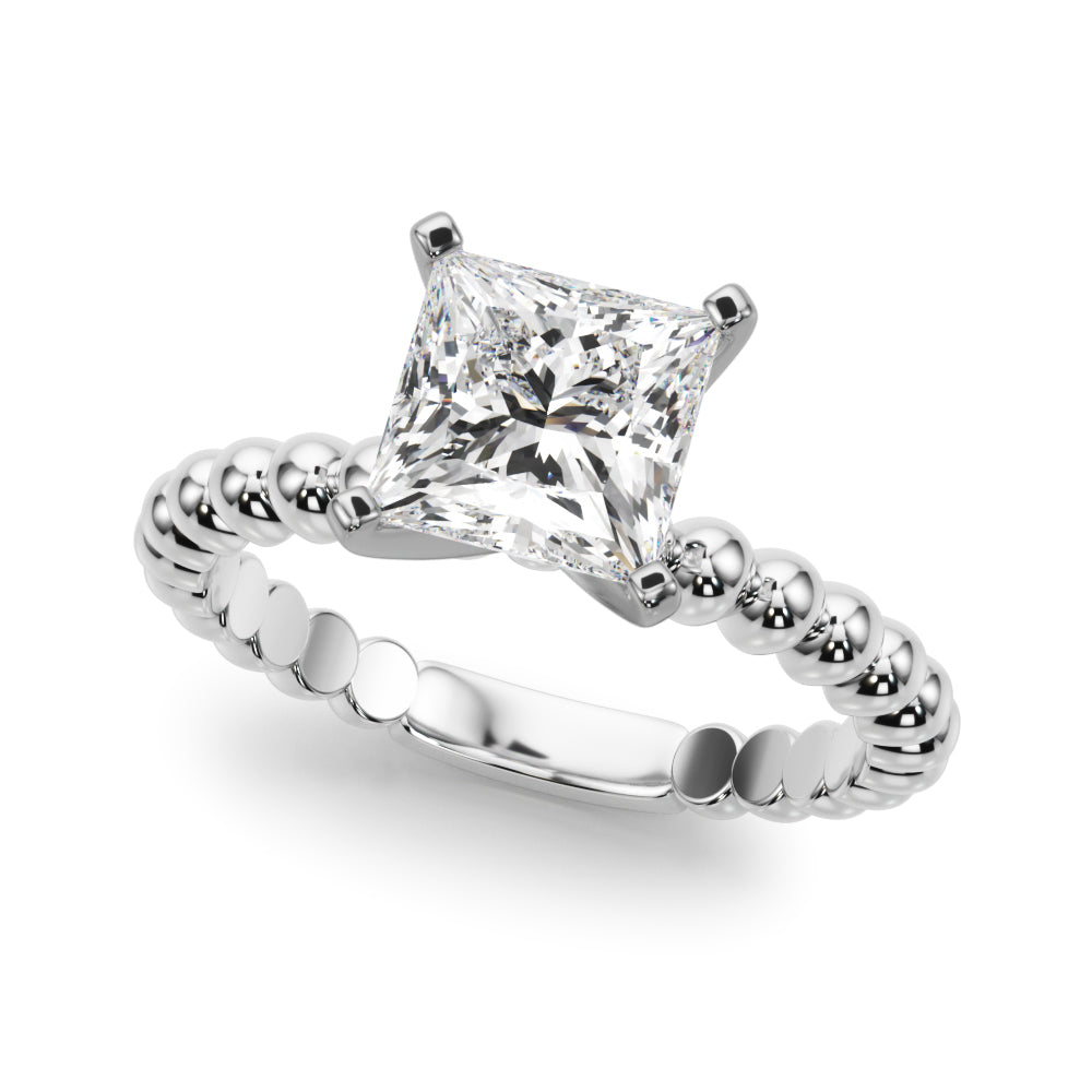 Platinum Princess Solitaire Beaded Band Prong Setting Ring