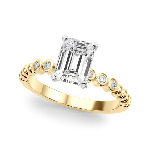 Yellow gold Emerald Solitaire Bezel Accent Diamond Engagement Ring with Beaded Band and Four-Prong Setting