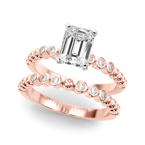 Rose gold Emerald Solitaire Bezel Accent Diamond Engagement Ring with Beaded Band and Four-Prong Setting