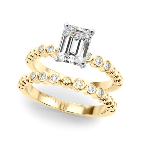 Yellow gold Emerald Solitaire Bezel Accent Diamond Engagement Ring with Beaded Band and Four-Prong Setting