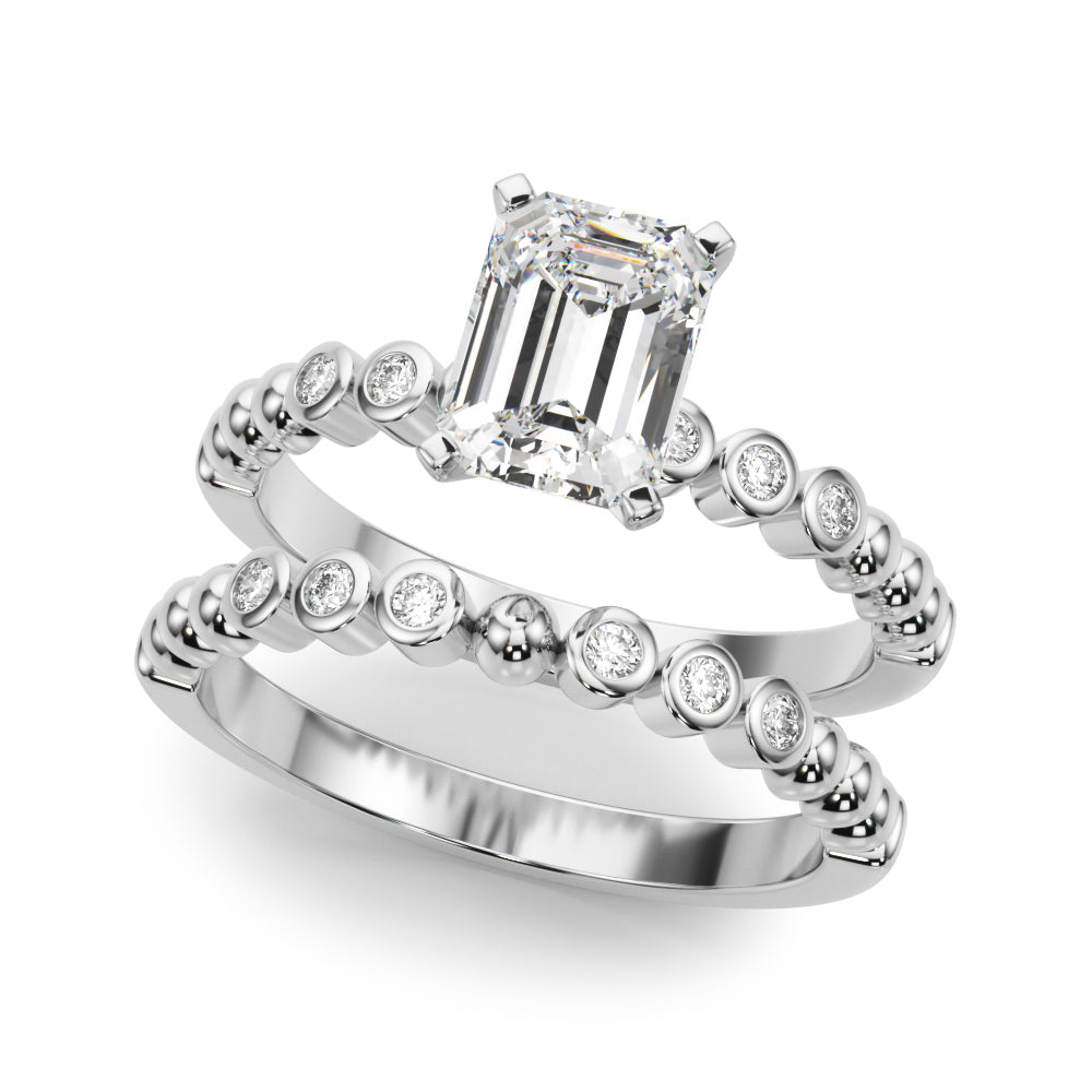 White gold Radiant Solitaire Bezel Accent Diamond Engagement Ring with Beaded Band and Four-Prong Setting