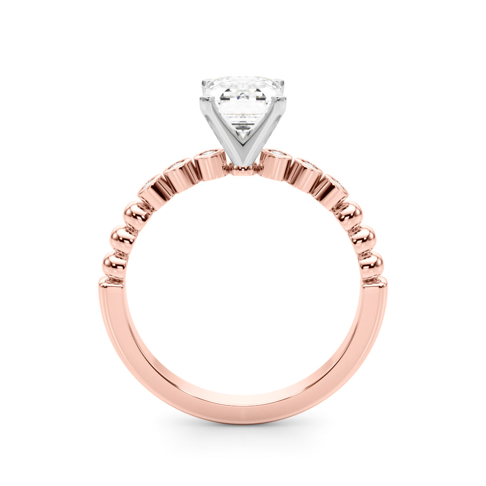 Rose gold Emerald Solitaire Bezel Accent Diamond Engagement Ring with Beaded Band and Four-Prong Setting