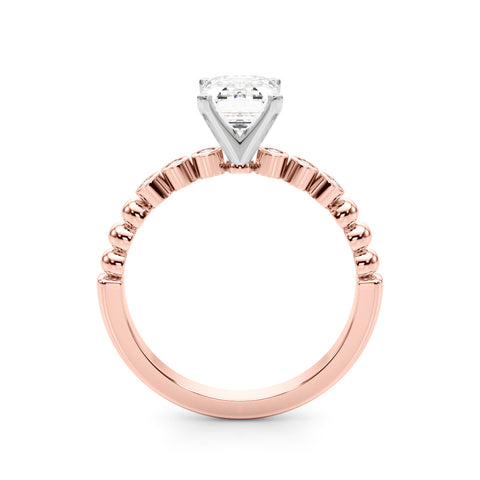 Rose gold Emerald Solitaire Bezel Accent Diamond Engagement Ring with Beaded Band and Four-Prong Setting