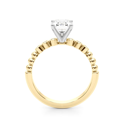 Yellow gold Emerald Solitaire Bezel Accent Diamond Engagement Ring with Beaded Band and Four-Prong Setting