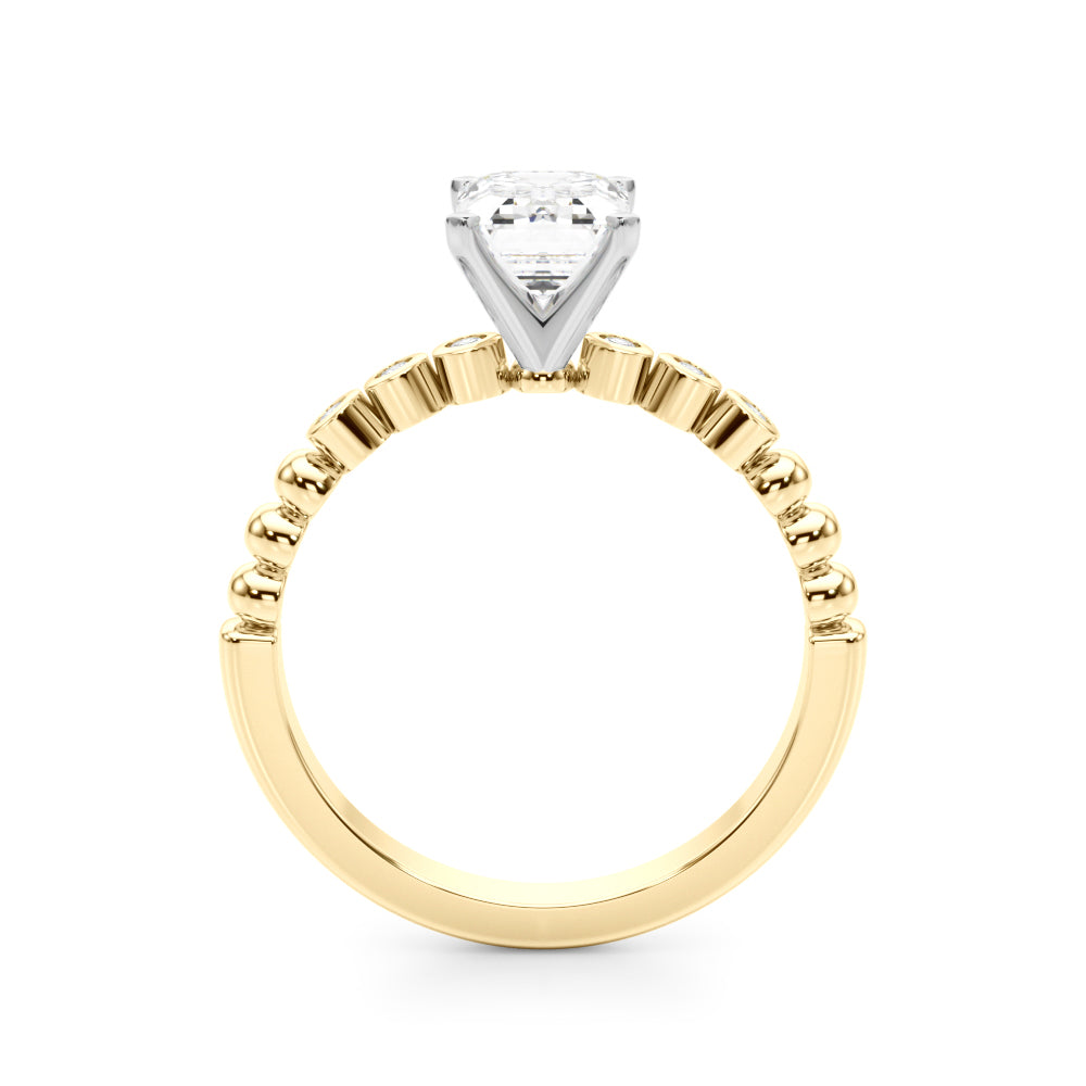 Yellow gold Emerald Solitaire Bezel Accent Diamond Engagement Ring with Beaded Band and Four-Prong Setting