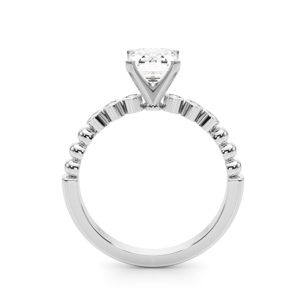White gold Emerald Solitaire Bezel Accent Diamond Engagement Ring with Beaded Band and Four-Prong Setting