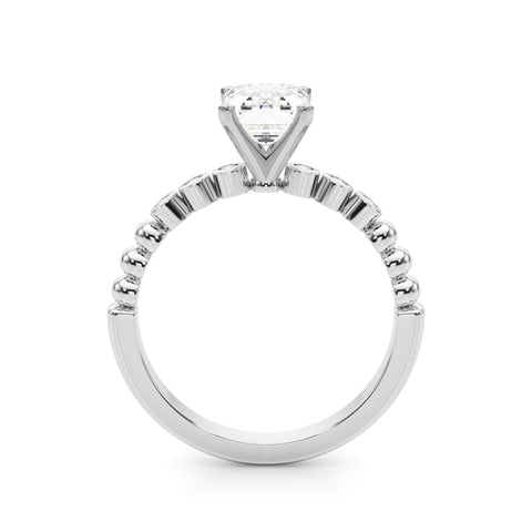 Platinum Emerald Solitaire Bezel Accent Diamond Engagement Ring with Beaded Band and Four-Prong Setting