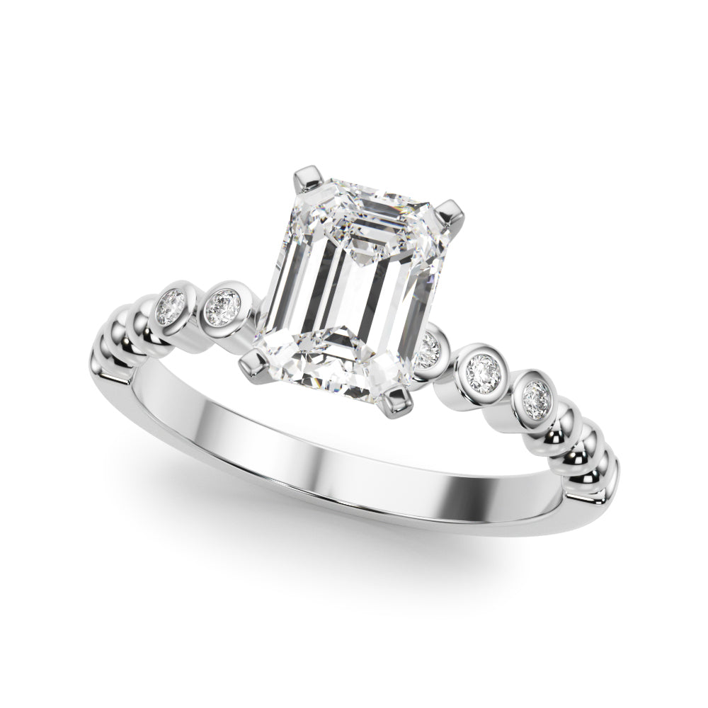 Silver Emerald Solitaire Bezel Accent Diamond Engagement Ring with Beaded Band and Four-Prong Setting