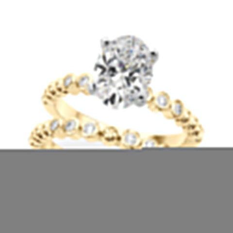 Yellow gold Oval Solitaire Bezel Accent Diamond Engagement Ring with Beaded Band and Four-Prong Setting