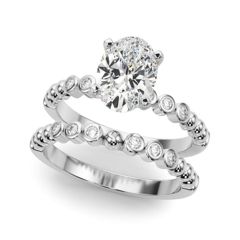 White gold Oval Solitaire Bezel Accent Diamond Engagement Ring with Beaded Band and Four-Prong Setting