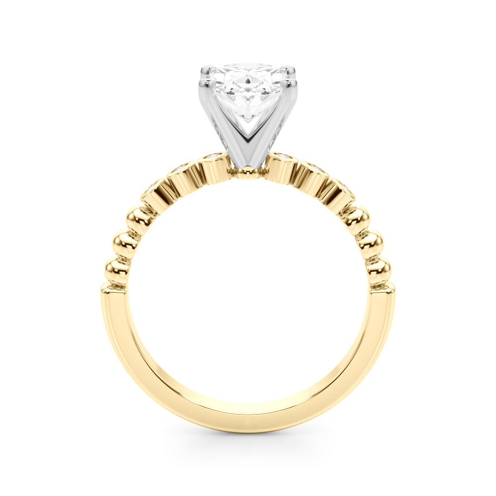 Yellow gold Oval Solitaire Bezel Accent Diamond Engagement Ring with Beaded Band and Four-Prong Setting