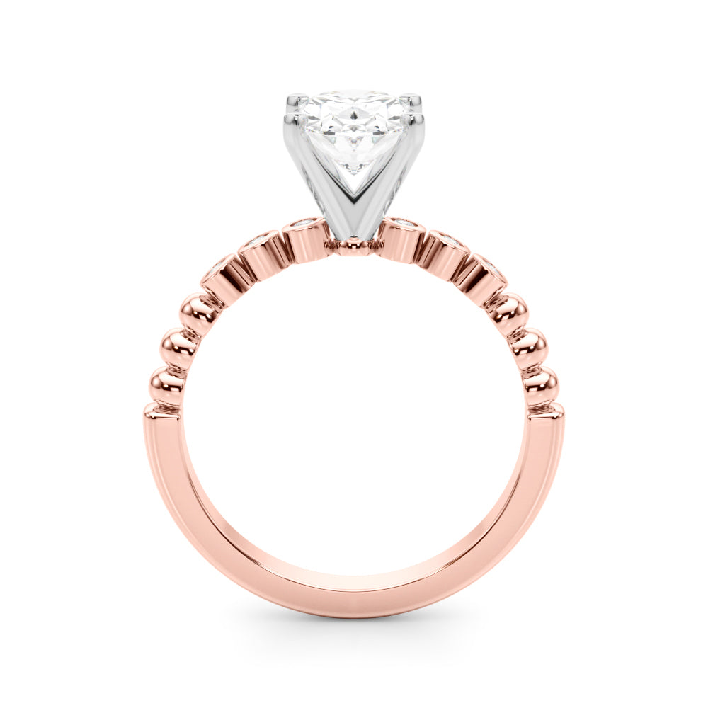 Rose gold Oval Solitaire Bezel Accent Diamond Engagement Ring with Beaded Band and Four-Prong Setting