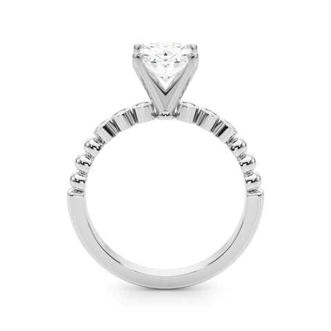 White gold Oval Solitaire Bezel Accent Diamond Engagement Ring with Beaded Band and Four-Prong Setting