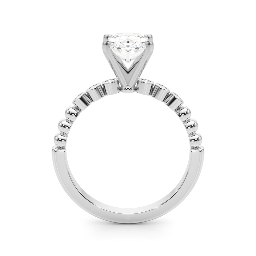 White gold Oval Solitaire Bezel Accent Diamond Engagement Ring with Beaded Band and Four-Prong Setting