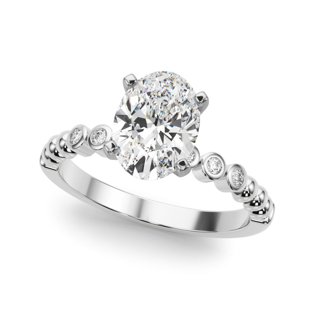 White gold Oval Solitaire Bezel Accent Diamond Engagement Ring with Beaded Band and Four-Prong Setting