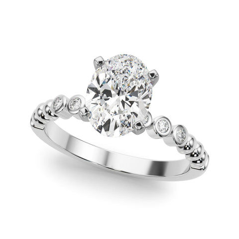 White gold Oval Solitaire Bezel Accent Diamond Engagement Ring with Beaded Band and Four-Prong Setting