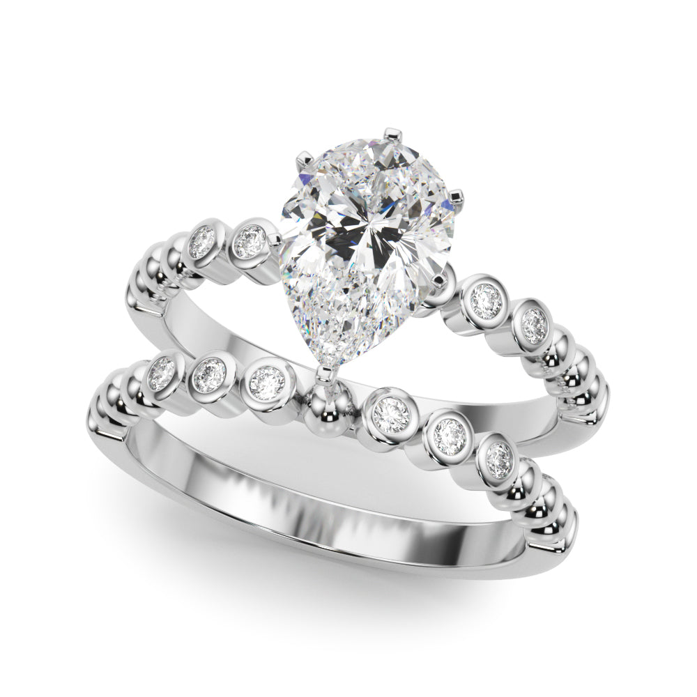 White gold Pear Solitaire Bezel Accent Diamond Engagement Ring with Beaded Band and Four-Prong Setting