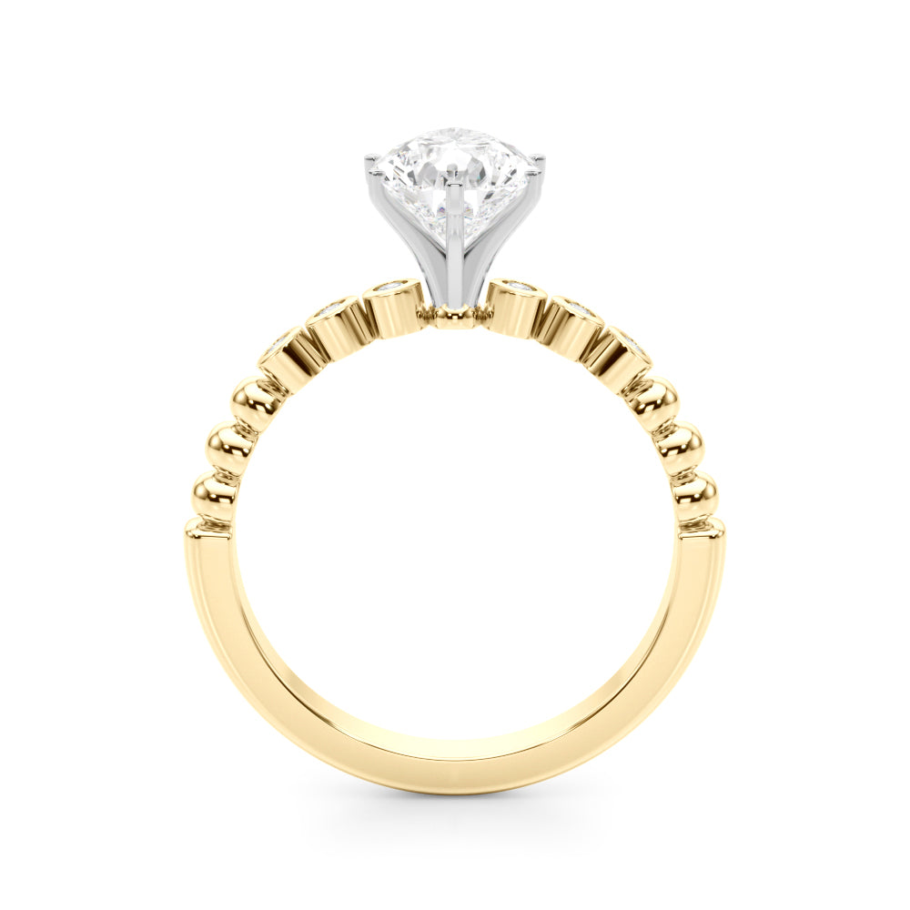 Yellow gold Pear Solitaire Bezel Accent Diamond Engagement Ring with Beaded Band and Four-Prong Setting