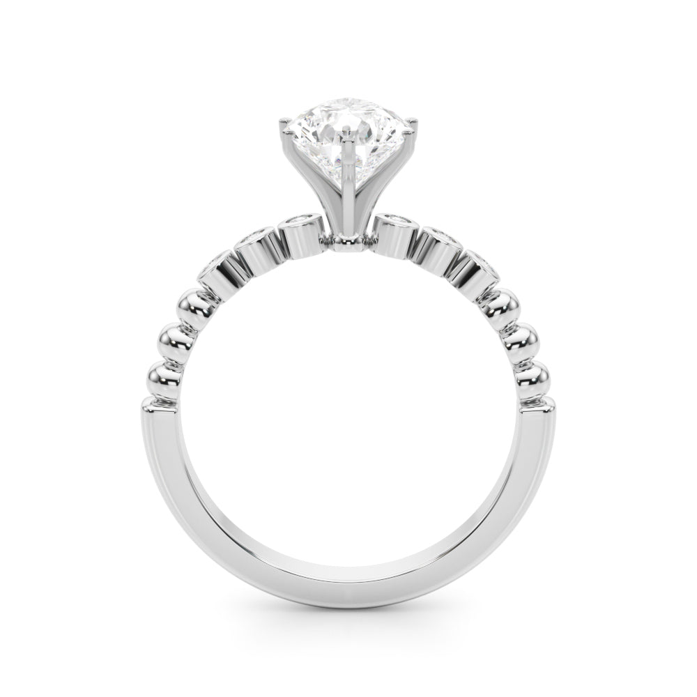 White gold Pear Solitaire Bezel Accent Diamond Engagement Ring with Beaded Band and Four-Prong Setting
