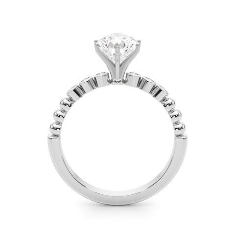 Silver Pear Solitaire Bezel Accent Diamond Engagement Ring with Beaded Band and Four-Prong Setting