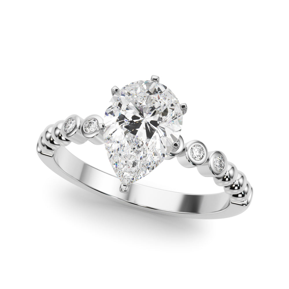 White gold Pear Solitaire Bezel Accent Diamond Engagement Ring with Beaded Band and Four-Prong Setting