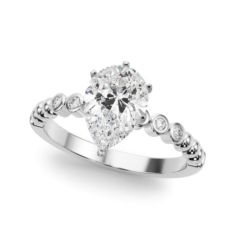 White gold Pear Solitaire Bezel Accent Diamond Engagement Ring with Beaded Band and Four-Prong Setting