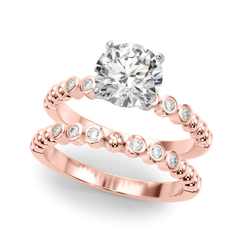 Rose gold Round Solitaire Bezel Accent Diamond Engagement Ring with Beaded Band and Four-Prong Setting