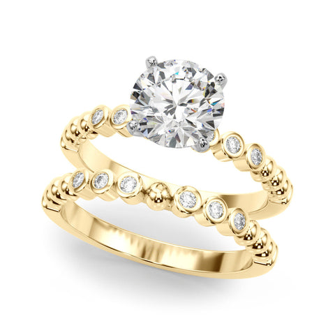 Yellow gold Cushion Solitaire Bezel Accent Diamond Engagement Ring with Beaded Band and Four-Prong Setting