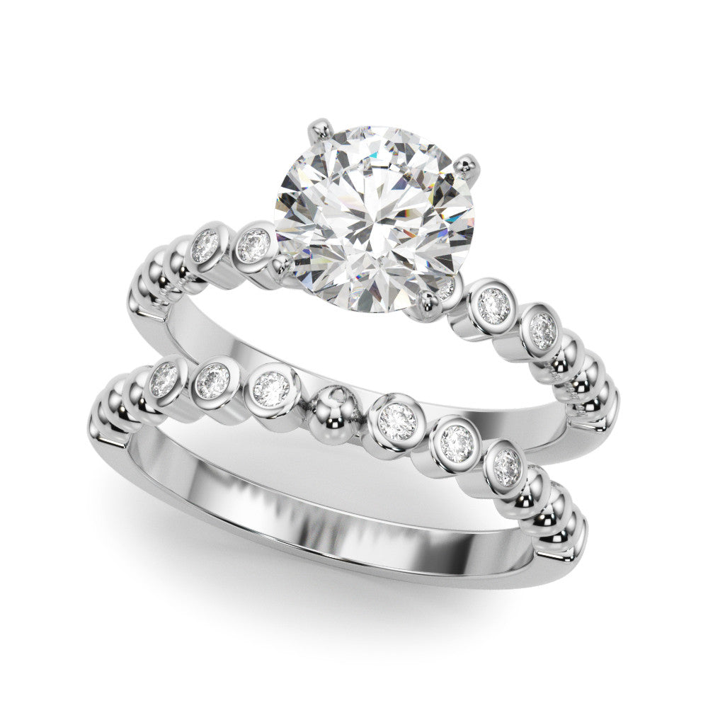 White gold Marquise Solitaire Bezel Accent Diamond Engagement Ring with Beaded Band and Four-Prong Setting