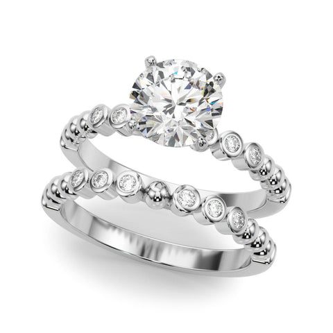 Platinum Round Solitaire Bezel Accent Diamond Engagement Ring with Beaded Band and Four-Prong Setting
