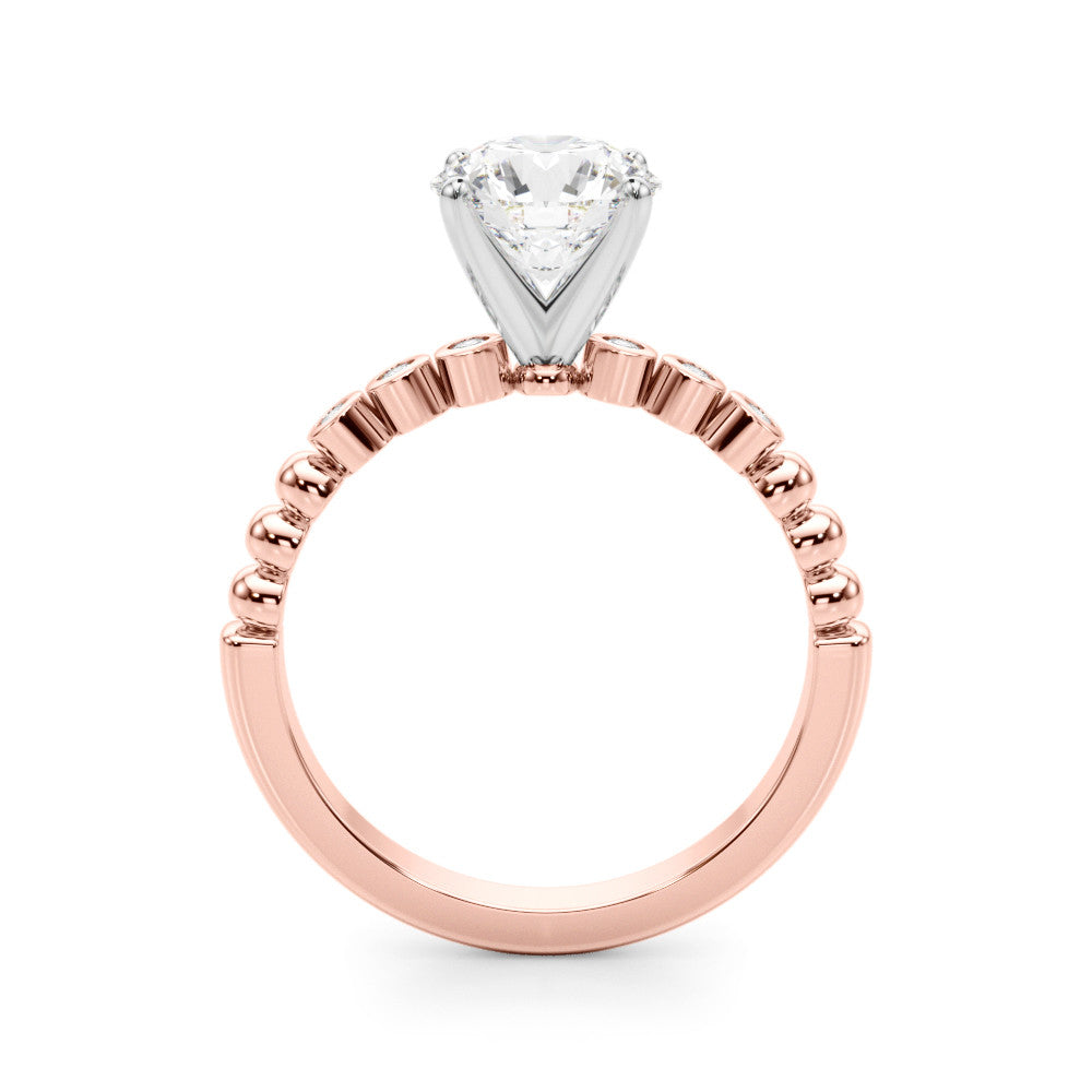 Rose gold Cushion Solitaire Bezel Accent Diamond Engagement Ring with Beaded Band and Four-Prong Setting