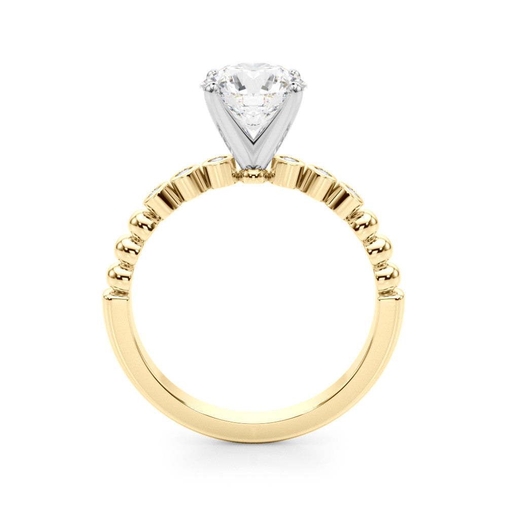 Yellow gold Round Solitaire Bezel Accent Diamond Engagement Ring with Beaded Band and Four-Prong Setting