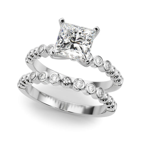 White gold Princess Solitaire Bezel Accent Diamond Engagement Ring with Beaded Band and Four-Prong Setting