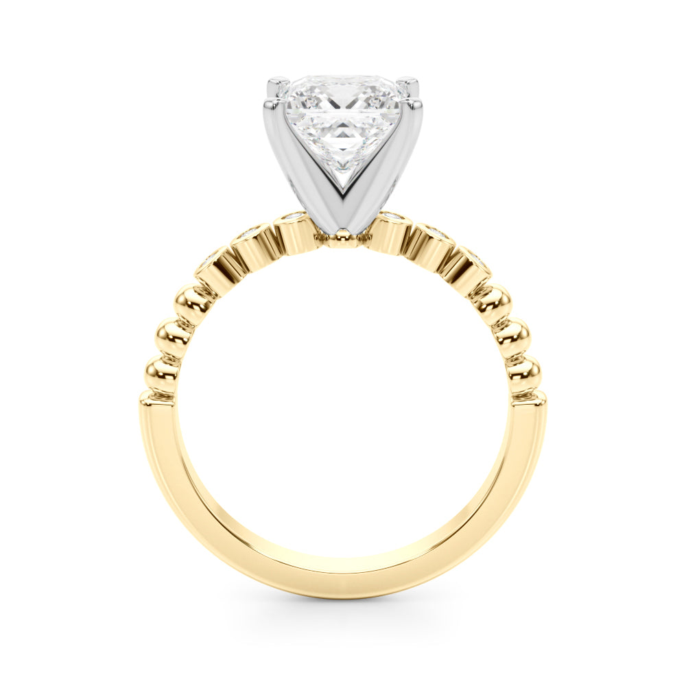 Yellow gold Princess Solitaire Bezel Accent Diamond Engagement Ring with Beaded Band and Four-Prong Setting