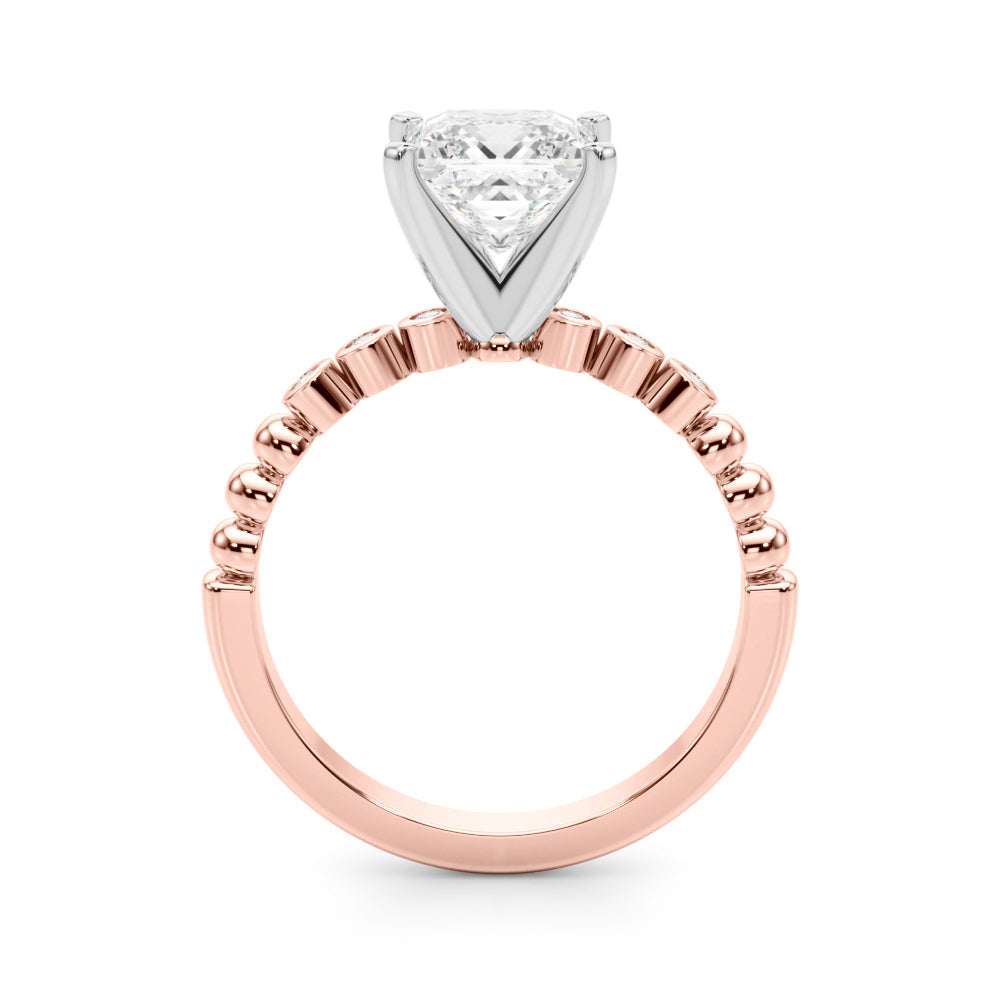 Rose gold Princess Solitaire Bezel Accent Diamond Engagement Ring with Beaded Band and Four-Prong Setting