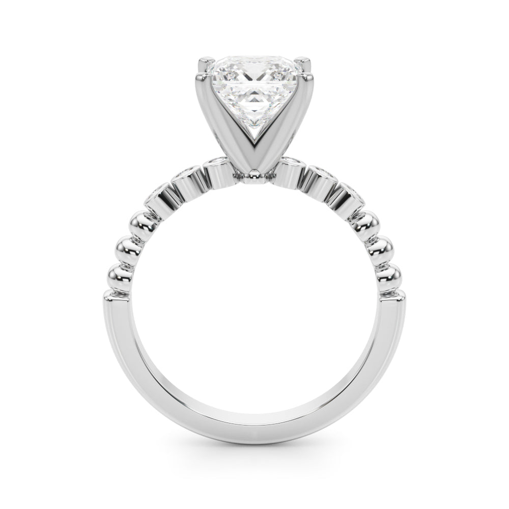 White gold Princess Solitaire Bezel Accent Diamond Engagement Ring with Beaded Band and Four-Prong Setting