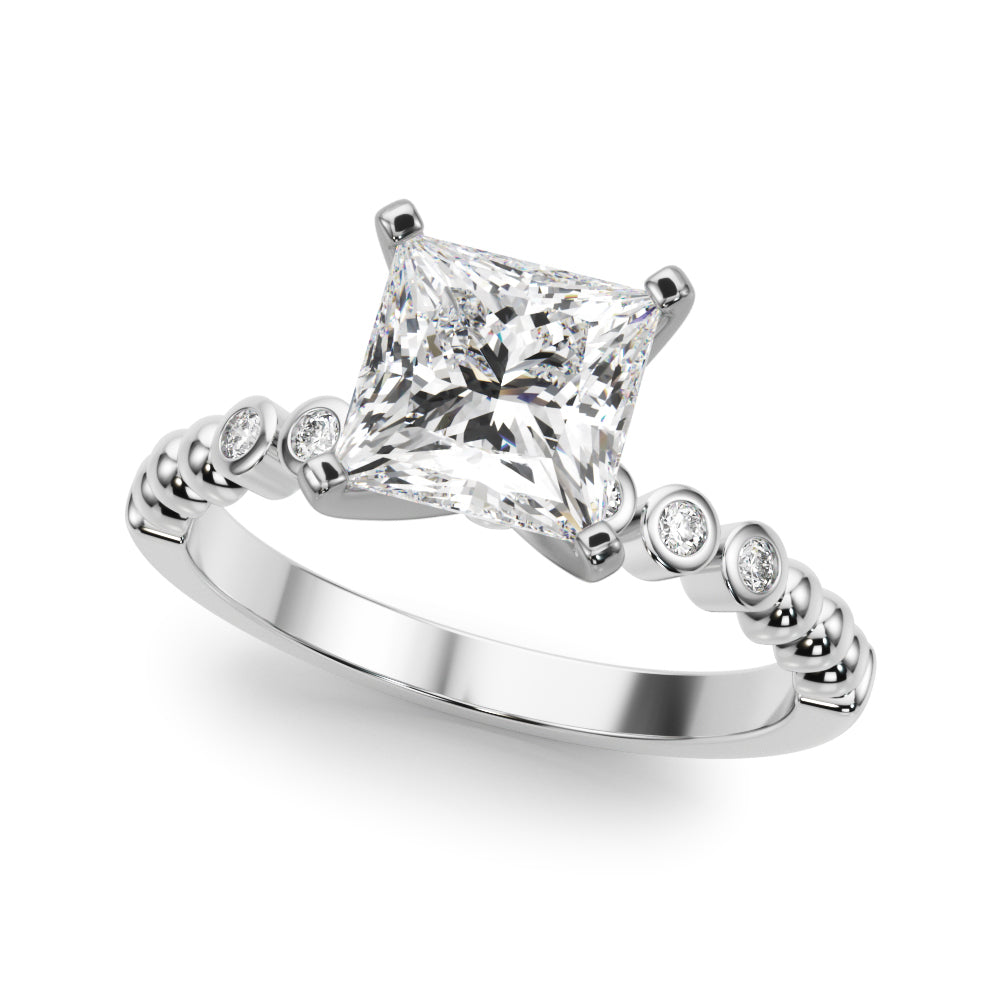 Platinum Princess Solitaire Bezel Accent Diamond Engagement Ring with Beaded Band and Four-Prong Setting