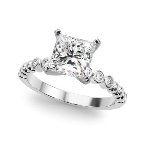White gold Princess Solitaire Bezel Accent Diamond Engagement Ring with Beaded Band and Four-Prong Setting