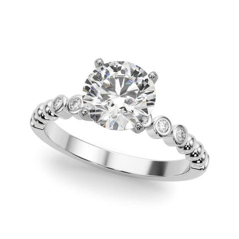 Platinum Round Solitaire Bezel Accent Diamond Engagement Ring with Beaded Band and Four-Prong Setting