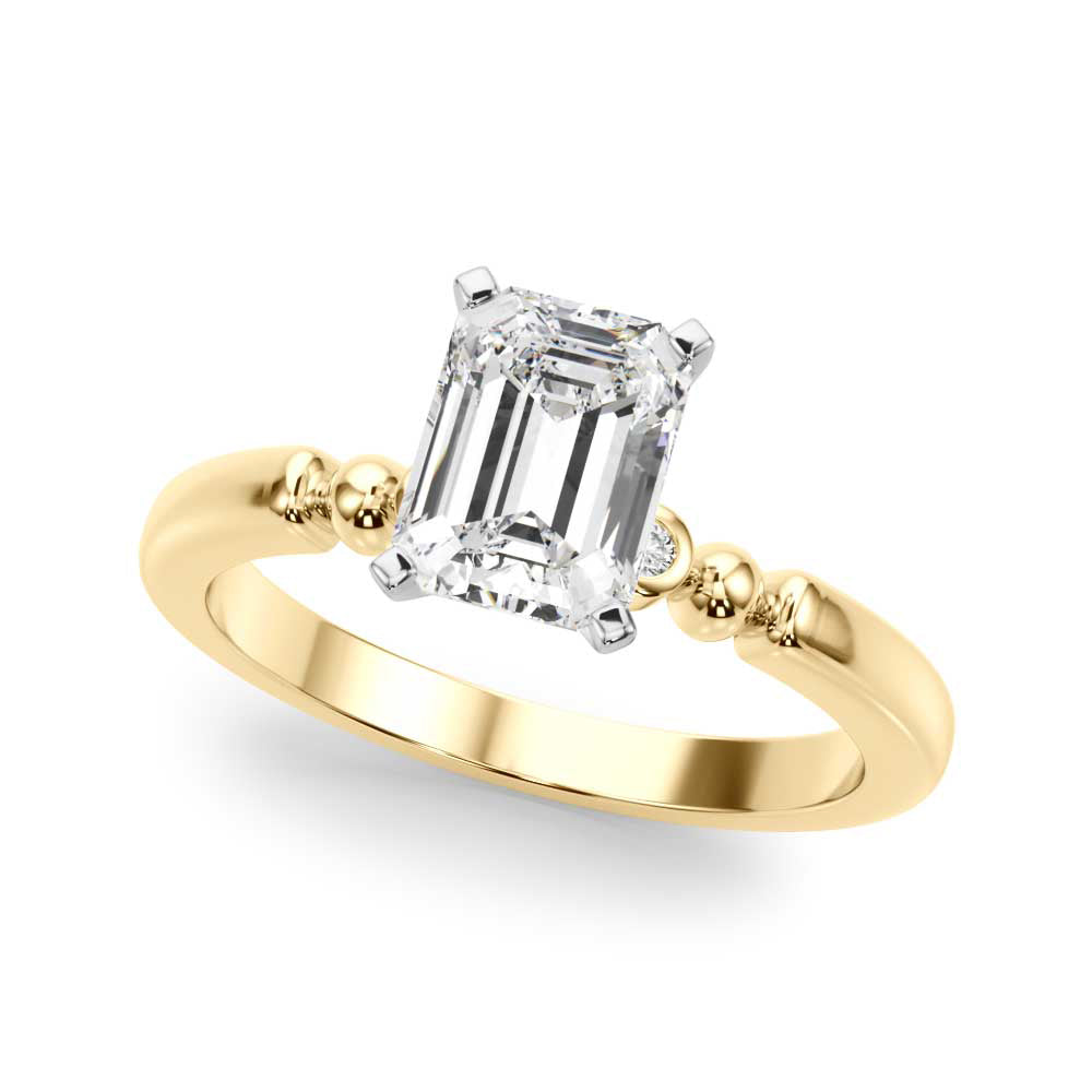 Yellow gold Emerald Solitaire Beaded Band with Four-Prong Setting