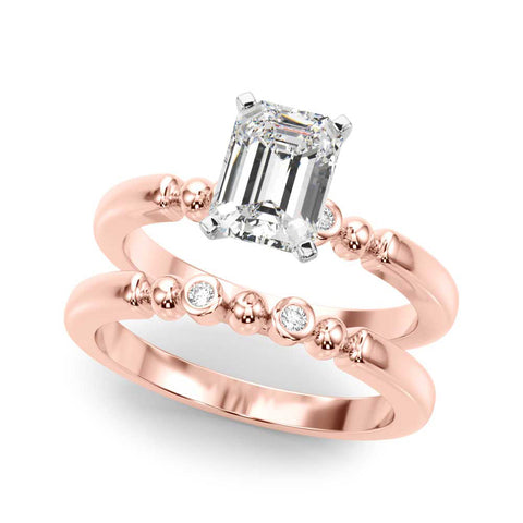 Rose gold Emerald Solitaire Beaded Band with Four-Prong Setting