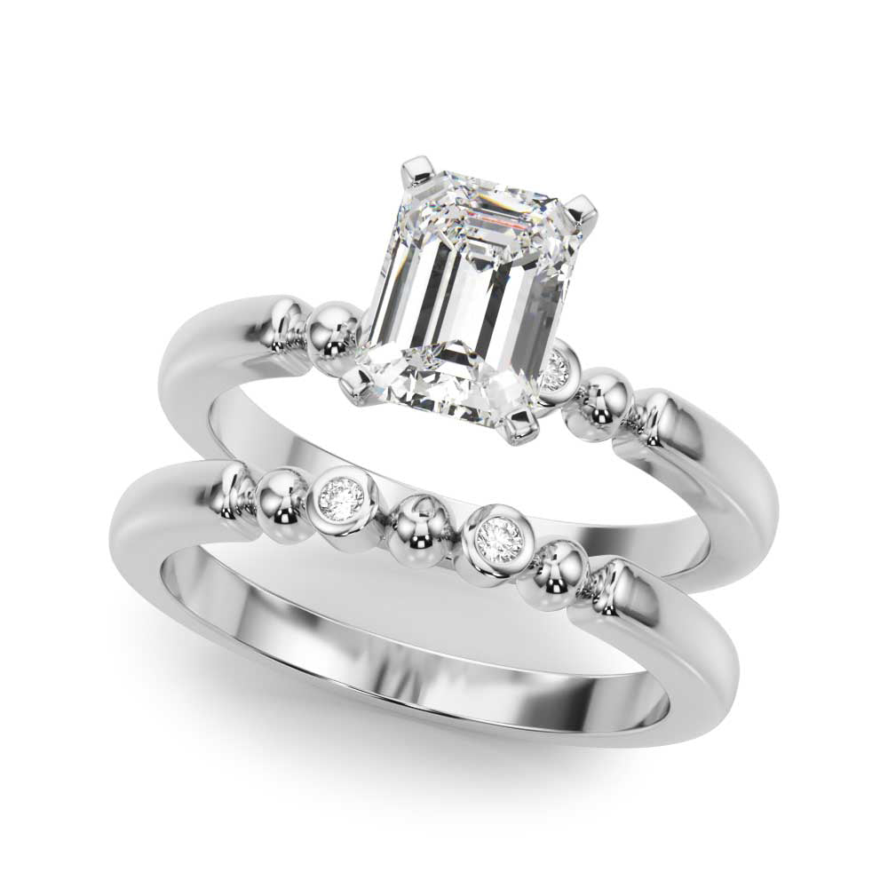 White gold Radiant Solitaire Beaded Band with Four-Prong Setting