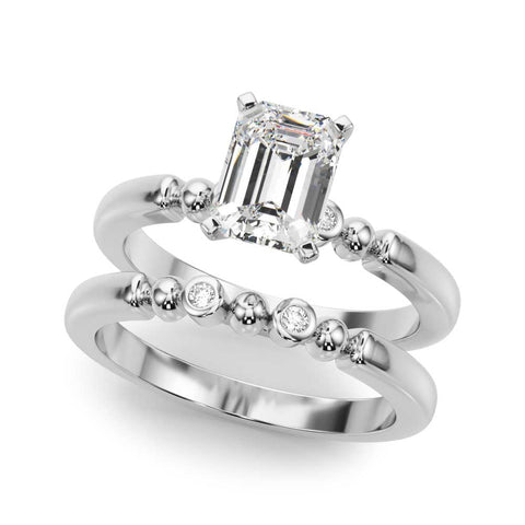 White gold Emerald Solitaire Beaded Band with Four-Prong Setting