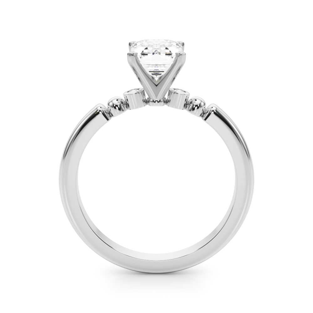 White gold Emerald Solitaire Beaded Band with Four-Prong Setting